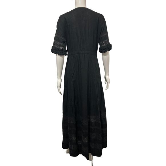 LOVESHACKFANCY Black Cotton Edie Lace Short Sleeve Midi Shirt Dress Size L - Picture 4 of 7